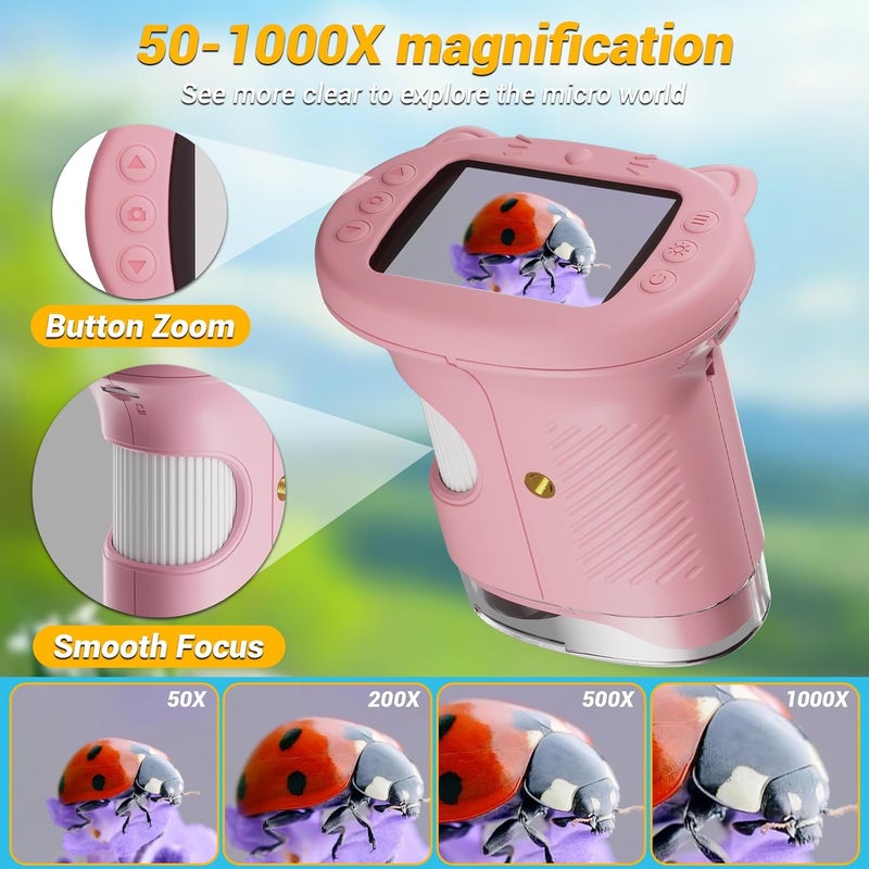 WINWEND 2.4" Screen Pocket Kids Microscope: 1000X Handheld Microscope for Photo and Video - Portable Science Kits STEM Toys – Christmas/Birthday Gifts for Girls & Boys Ages 3-12(Pink) - Image 5
